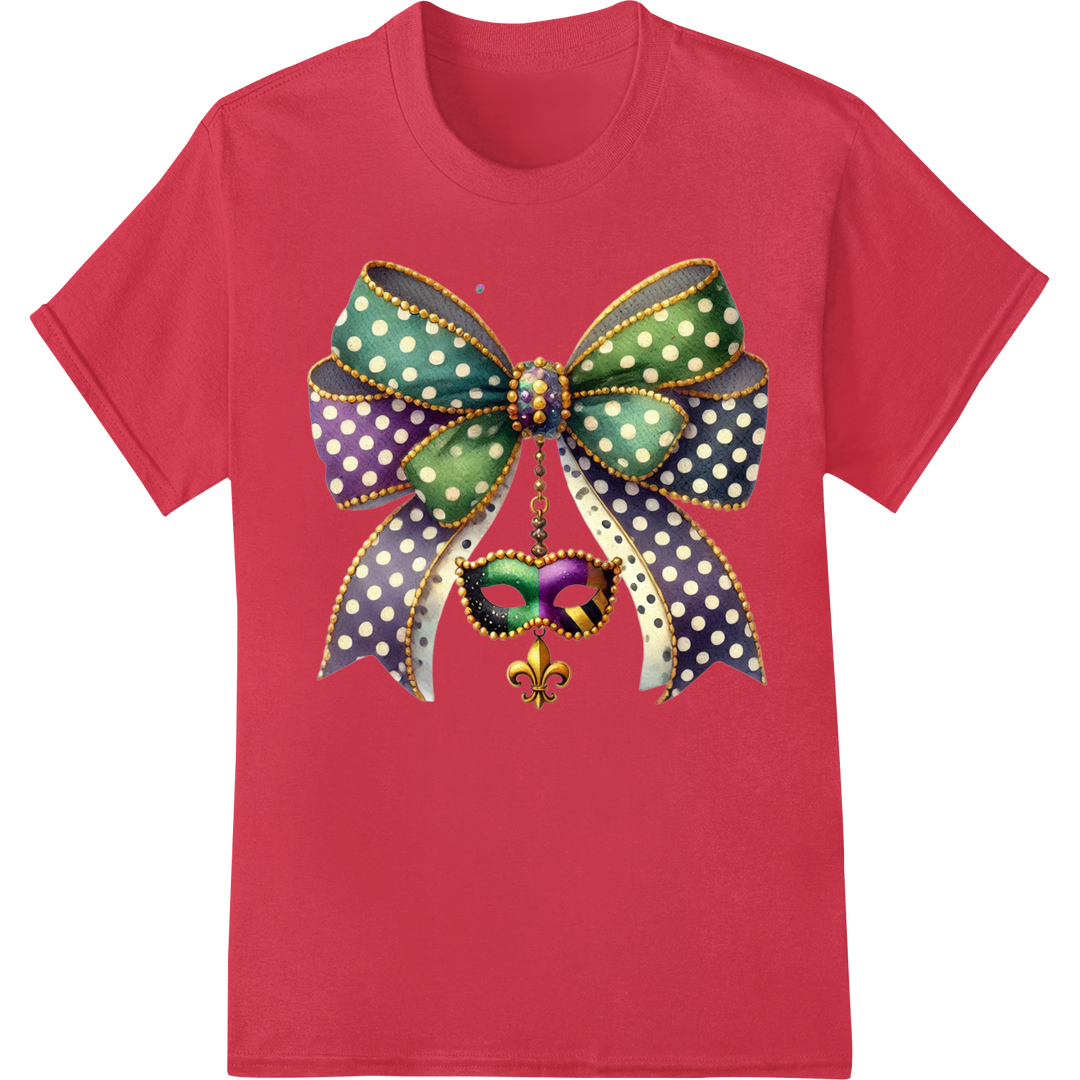 Festive Mardi Gras Polka Dot Bow with Fleur-de-lis Charm on red shirt - SUPERDTF-DTF Prints-DTF Transfers-Custom DTF Prints