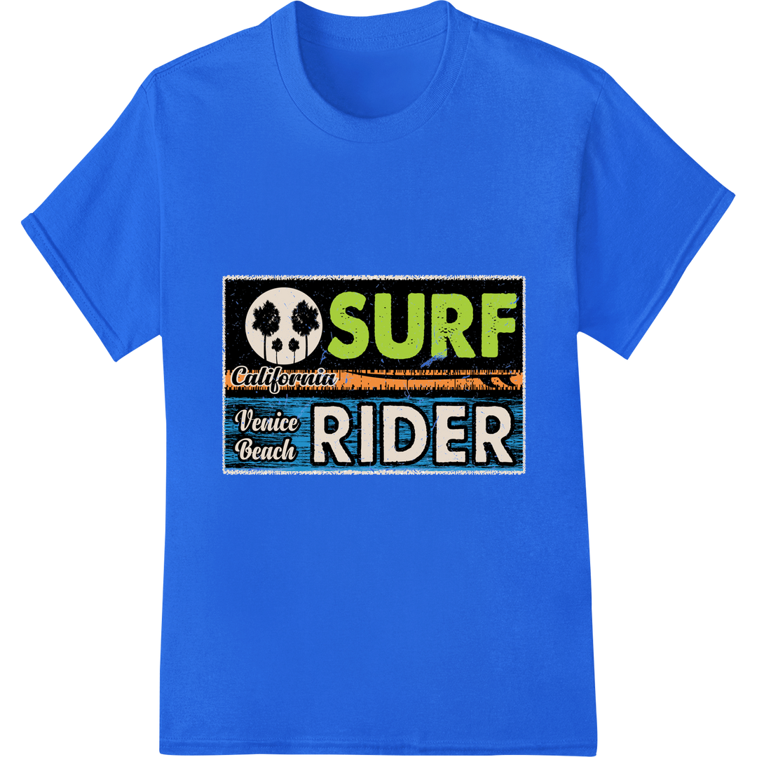 Vintage 'SURF RIDER' Venice Beach California Retro DTF Print on blue shirt - SUPERDTF-DTF Prints-DTF Transfers-Custom DTF Prints