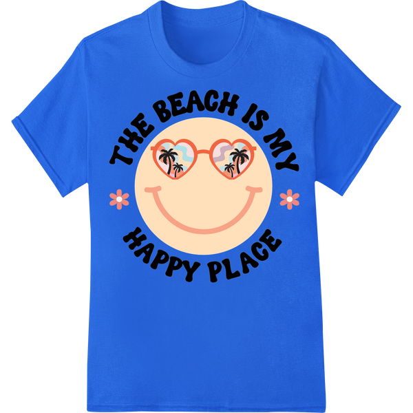 Sun-sational 'Beach is My Happy Place' DTF Print Transfer on blue shirt - SUPERDTF-DTF Prints-DTF Transfers-Custom DTF Prints