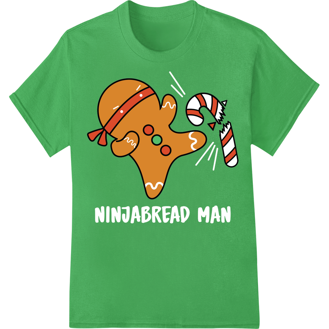 Adorable Christmas Gingerbread Man DTF Heat Transfer Print on green shirt - SUPERDTF-DTF Prints-DTF Transfers-Custom DTF Prints