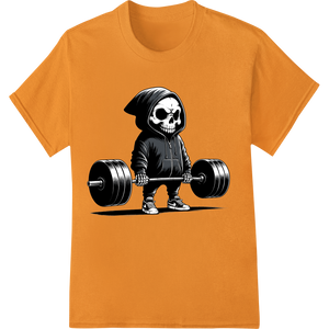 Expert heat transfer craftsmanship on Grim Reaper Skull Weightlifting Halloween DTF Print