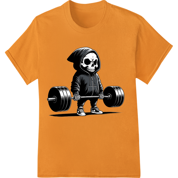 Expert heat transfer craftsmanship on Grim Reaper Skull Weightlifting Halloween DTF Print