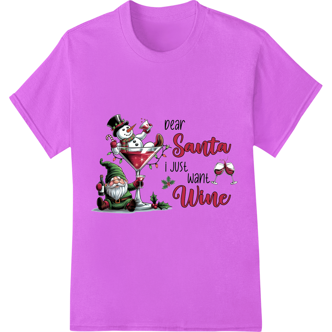 Festive Gnome's Christmas Wish: Dear Santa, I Just Want Wine on purple shirt - SUPERDTF-DTF Prints-DTF Transfers-Custom DTF Prints