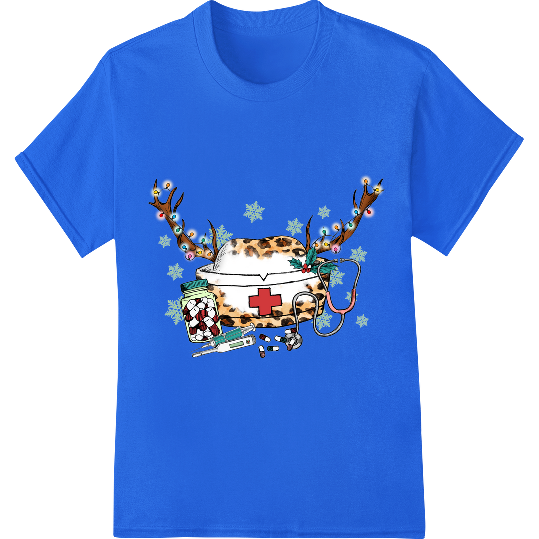 Festive Christmas Nurse Reindeer Antlers DTF Print Transfer on blue shirt - SUPERDTF-DTF Prints-DTF Transfers-Custom DTF Prints