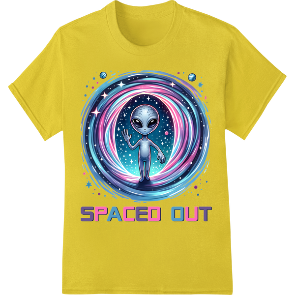 Trippy 'Spaced Out' Alien in Psychedelic Spiral Galaxy on yellow shirt - SUPERDTF-DTF Prints-DTF Transfers-Custom DTF Prints