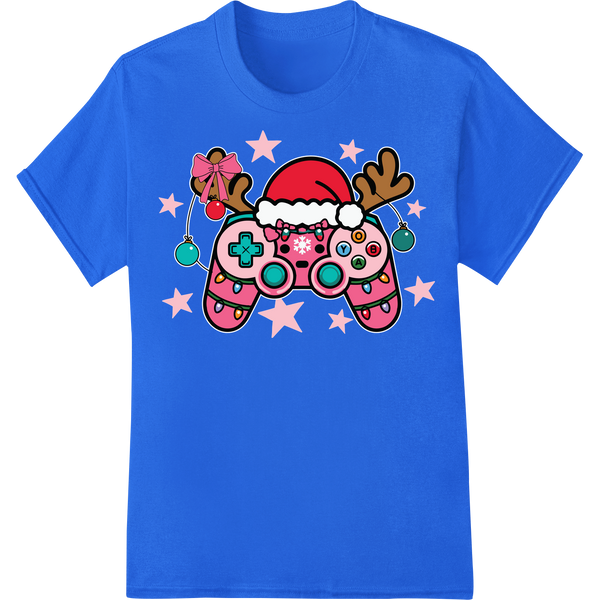 Adorable Pink Gamer Christmas Controller DTF Print on blue shirt - SUPERDTF-DTF Prints-DTF Transfers-Custom DTF Prints