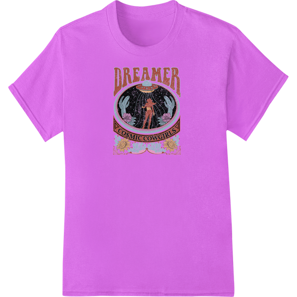 Dreamer Cosmic Cowgirls: Bohemian DTF Print Heat Transfer on purple shirt - SUPERDTF-DTF Prints-DTF Transfers-Custom DTF Prints