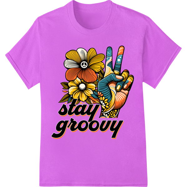 Stay Groovy: Retro 70s Hippie Floral DTF Print Heat Transfer on purple shirt - SUPERDTF-DTF Prints-DTF Transfers-Custom DTF Prints