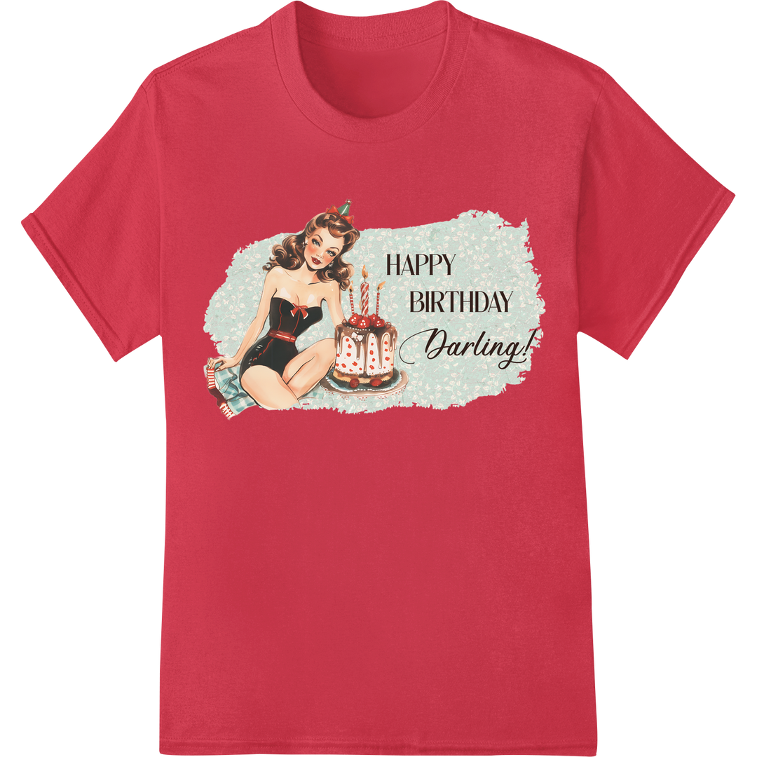 Retro Pinup Birthday Girl DTF Print Heat Transfer Design on red shirt - SUPERDTF-DTF Prints-DTF Transfers-Custom DTF Prints