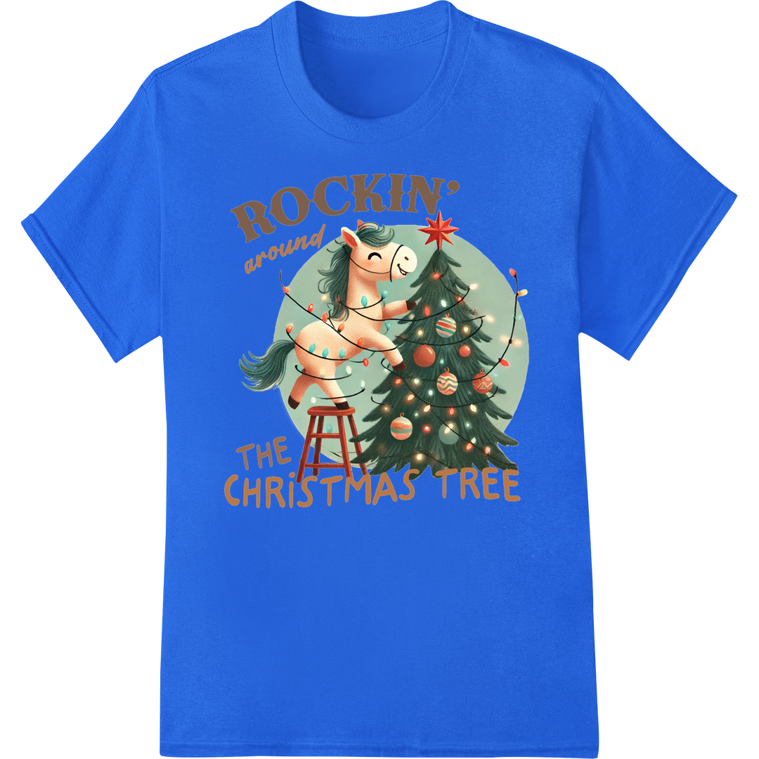 Retro Cowgirl Rockin' Christmas Tree DTF Transfer Print on blue shirt - SUPERDTF-DTF Prints-DTF Transfers-Custom DTF Prints