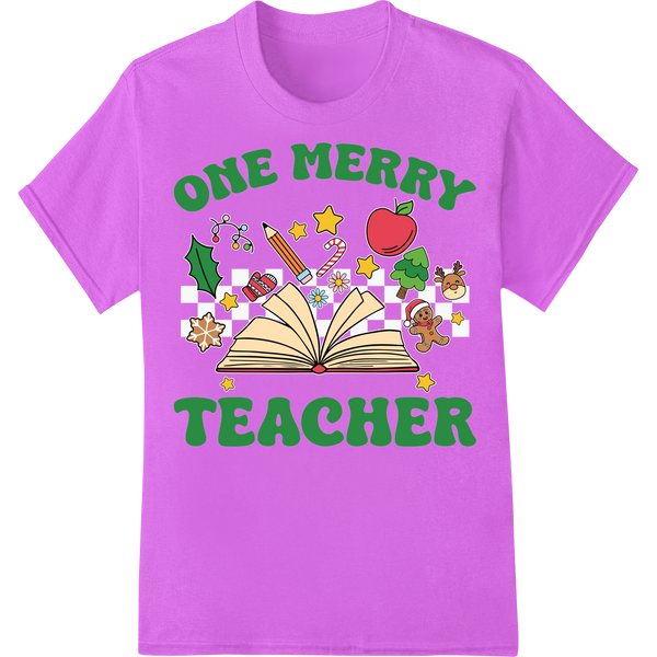 One Merry Teacher: Festive DTF Christmas Print for Educators on purple shirt - SUPERDTF-DTF Prints-DTF Transfers-Custom DTF Prints