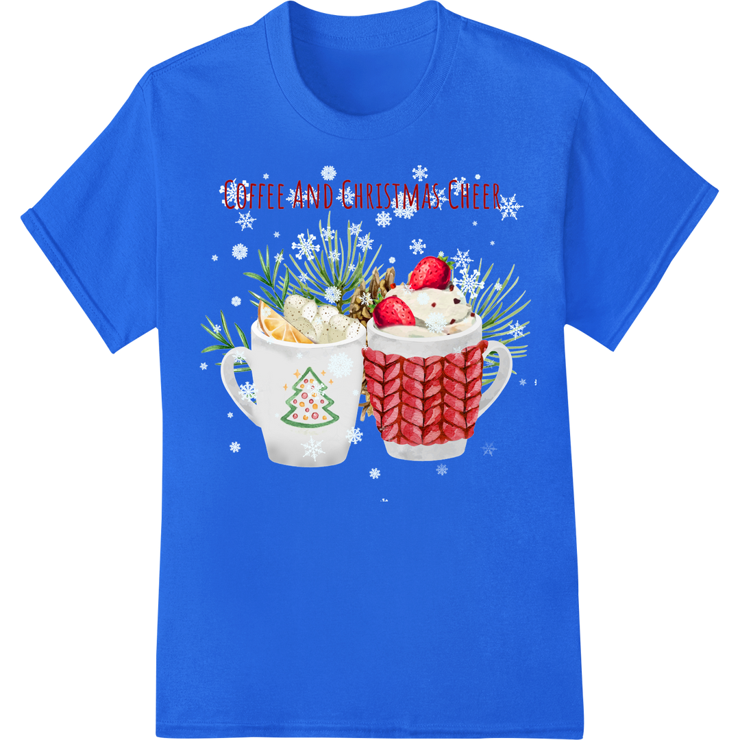 Festive Coffee Cheer: Jolly Christmas DTF Heat Transfer on blue shirt - SUPERDTF-DTF Prints-DTF Transfers-Custom DTF Prints