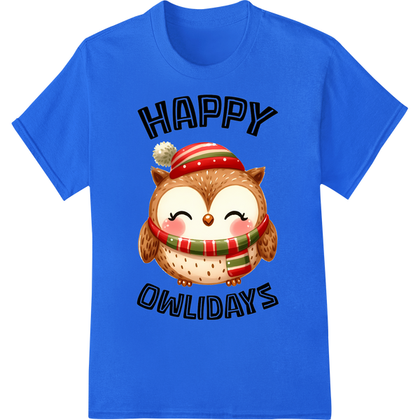 Adorable Christmas Owl - Cute Animal Holiday DTF Transfer on blue shirt - SUPERDTF-DTF Prints-DTF Transfers-Custom DTF Prints