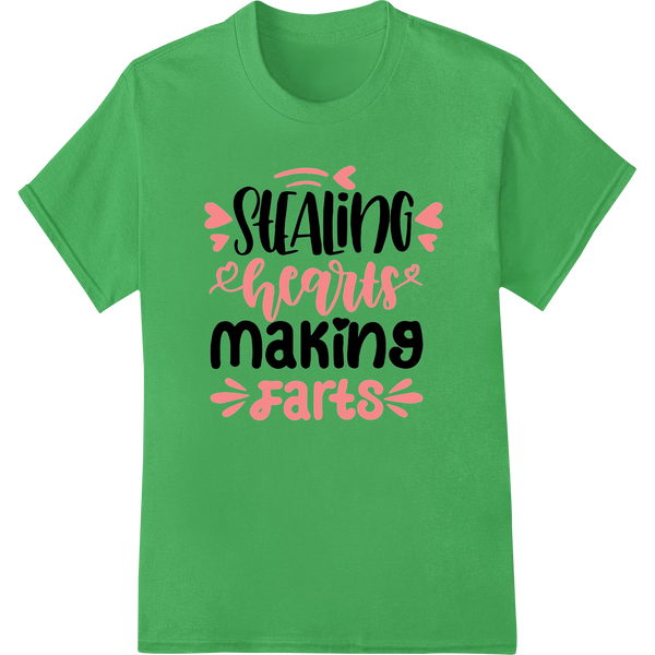 Cheeky 'Stealing hearts making farts' Valentine's Day DTF Print on green shirt - SUPERDTF-DTF Prints-DTF Transfers-Custom DTF Prints