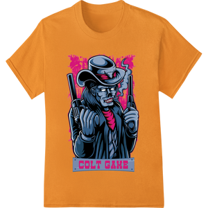 Join the Colt Gang: Zombie Cowboy Halloween DTF Print enhanced with professional bulk t-shirt printing