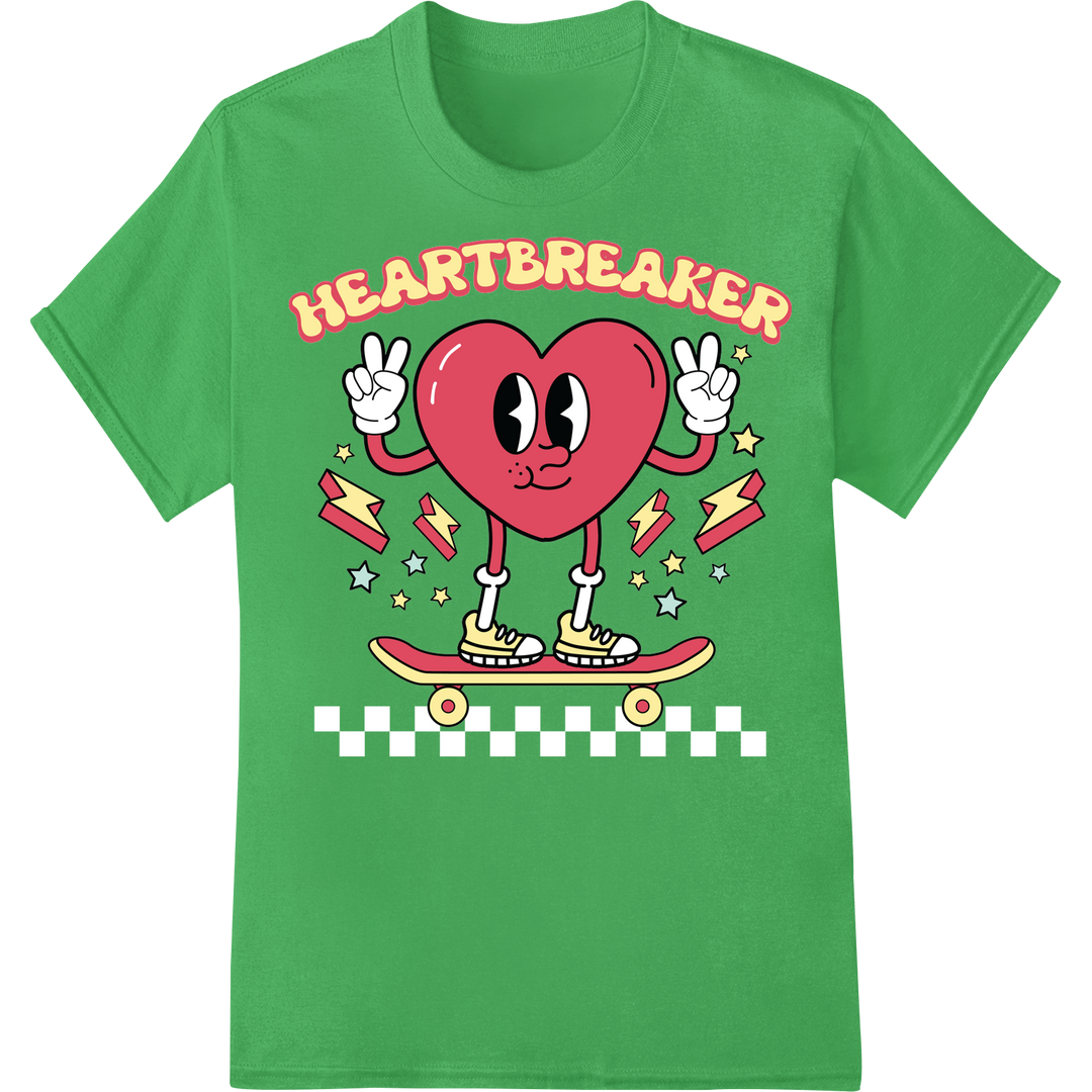 Retro Heartbreaker: Edgy Valentine's Day Skateboard Style on green shirt - SUPERDTF-DTF Prints-DTF Transfers-Custom DTF Prints