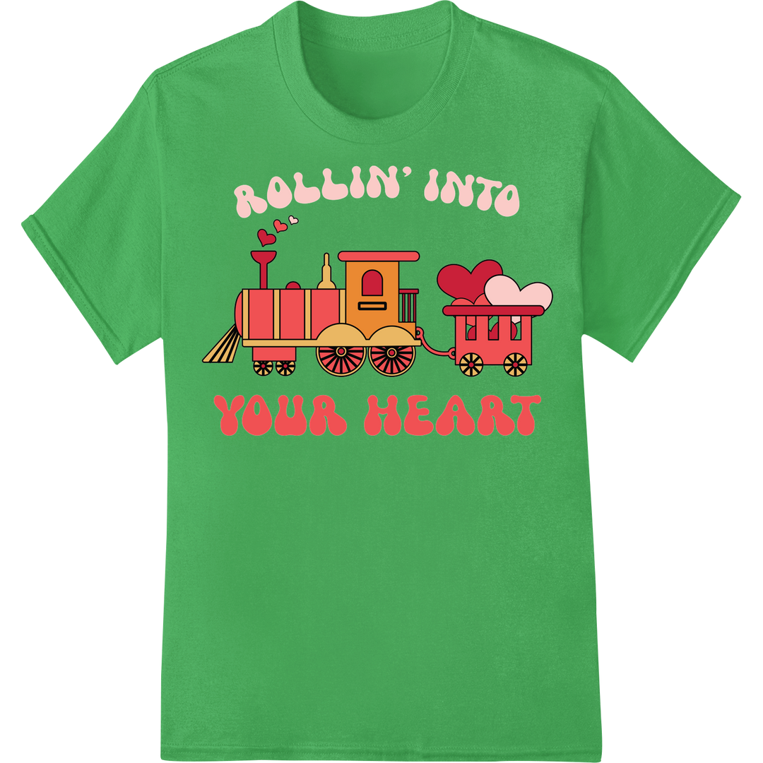 Rollin' Into Your Heart: Cute Valentine's Train DTF Print on green shirt - SUPERDTF-DTF Prints-DTF Transfers-Custom DTF Prints