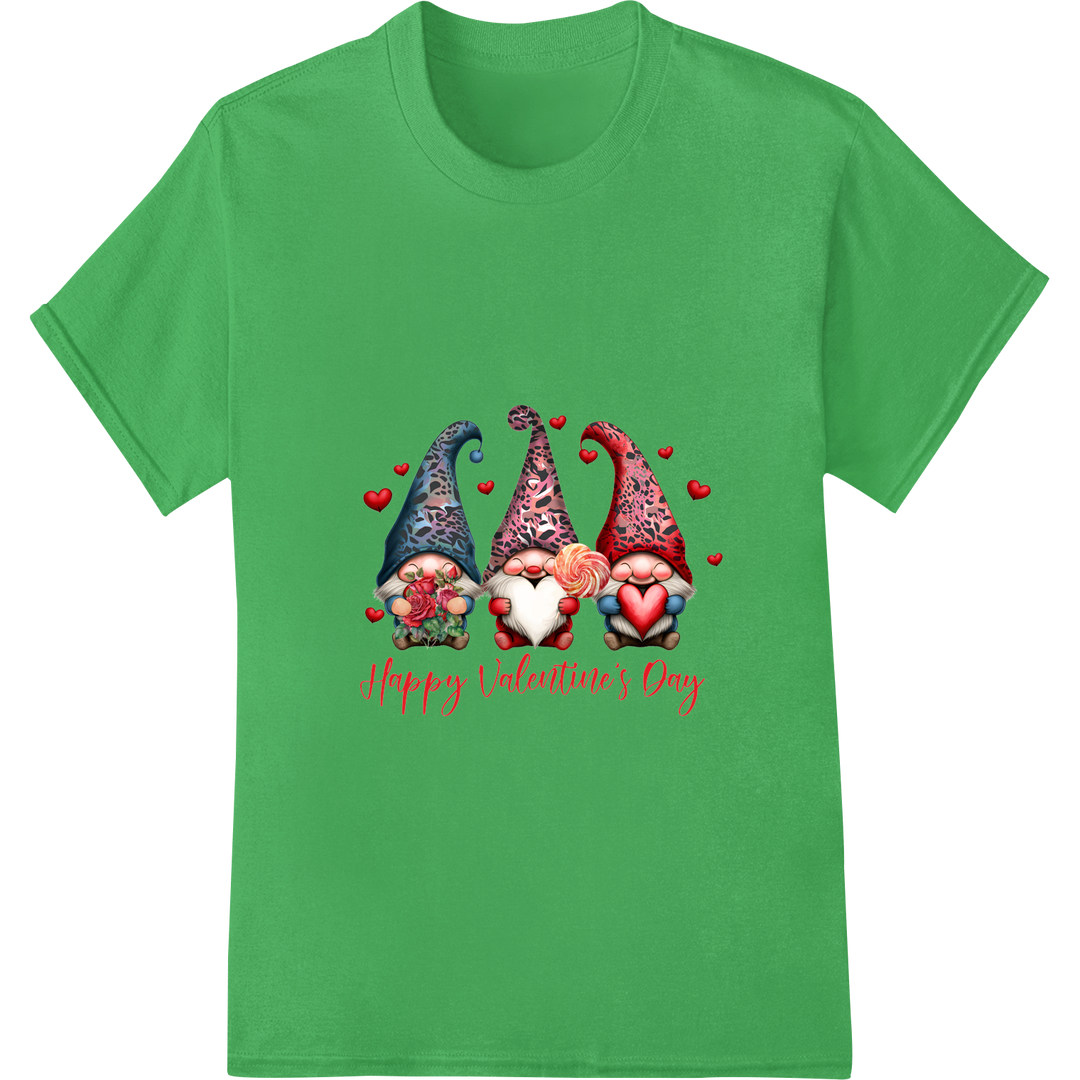 Adorable Valentine's Gnome Trio - Heartwarming DTF Print on green shirt - SUPERDTF-DTF Prints-DTF Transfers-Custom DTF Prints