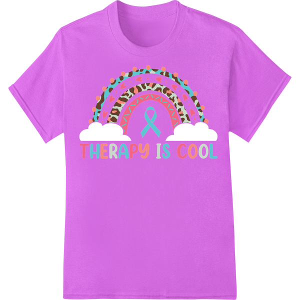 Retro Rainbow 'THERAPY IS COOL' Mental Health DTF Print on purple shirt - SUPERDTF-DTF Prints-DTF Transfers-Custom DTF Prints