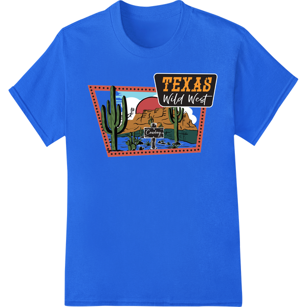 Rustic Texas Wild West scene with cacti, cowboy, and longhorn skull in vibrant colors suitable for heat transfer printing.