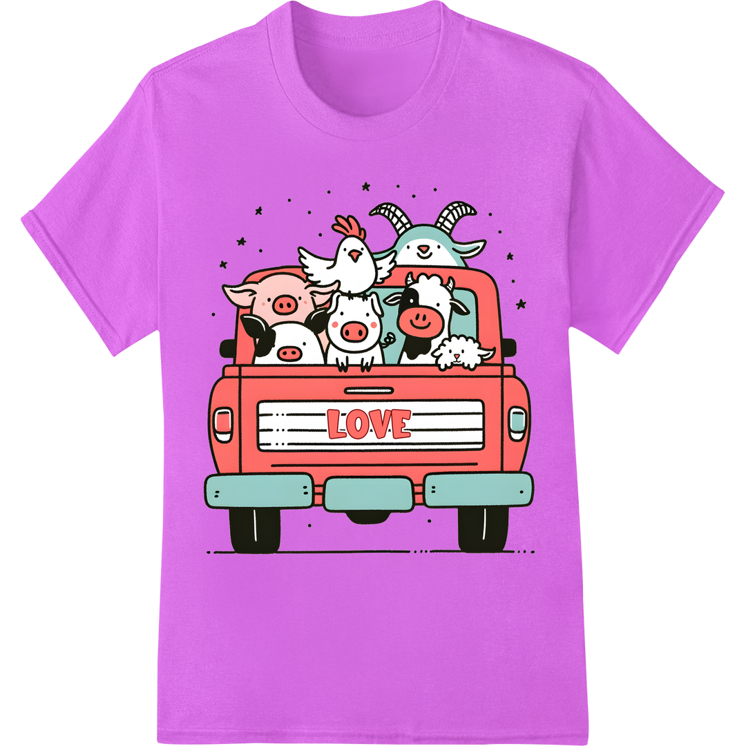 Adorable Valentine's Farm Animals in Love Truck Print on purple shirt - SUPERDTF-DTF Prints-DTF Transfers-Custom DTF Prints