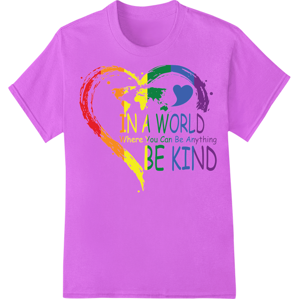 Be Kind Rainbow World: LGBTQ+ Pride DTF Heat Transfer Print on purple shirt - SUPERDTF-DTF Prints-DTF Transfers-Custom DTF Prints