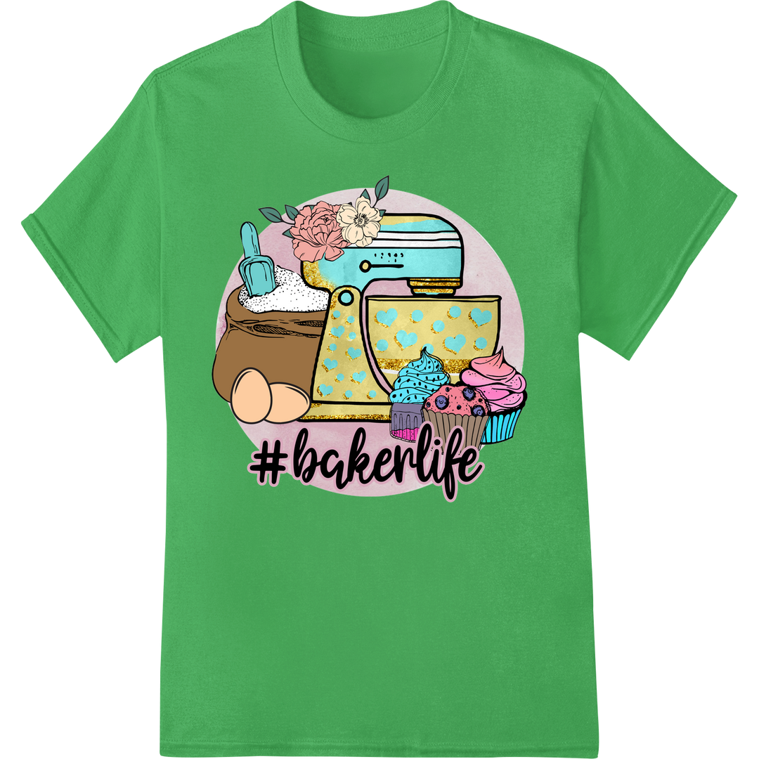 #BakerLife: Whip Up Some Sweetness with This Adorable DTF Print on green shirt - SUPERDTF-DTF Prints-DTF Transfers-Custom DTF Prints