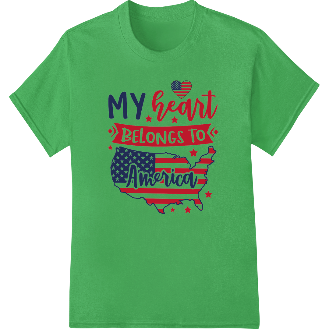 Show Your Love: 'MY Heart BELONGS TO America' DTF Print on green shirt - SUPERDTF-DTF Prints-DTF Transfers-Custom DTF Prints