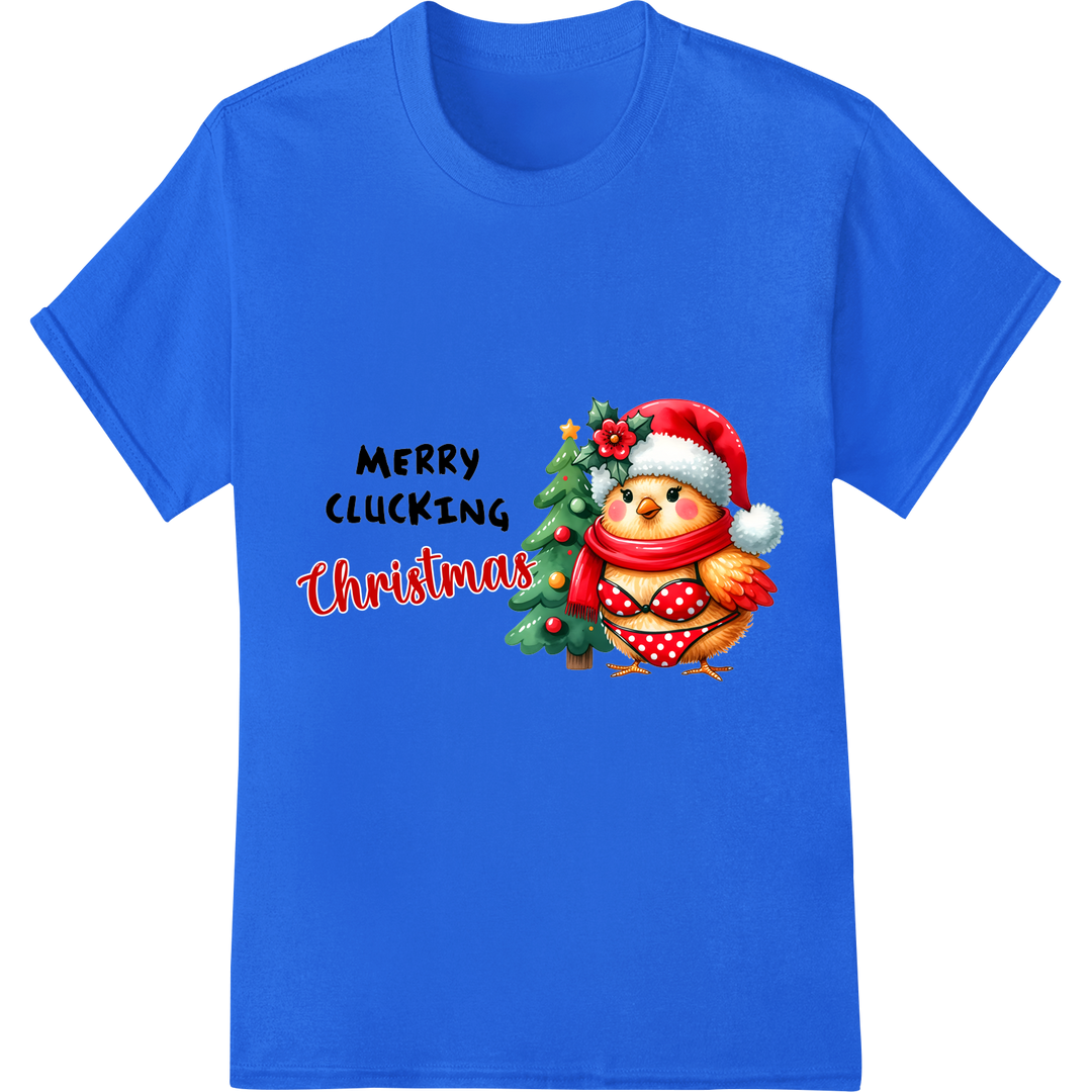 Adorable 'Merry Clucking Christmas' Chicken DTF Print on blue shirt - SUPERDTF-DTF Prints-DTF Transfers-Custom DTF Prints