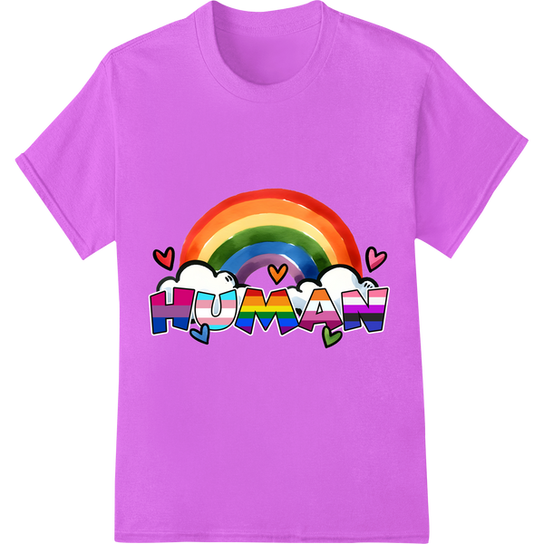 Vibrant LGBT Pride 'HUMAN' Rainbow DTF Print Heat Transfer on purple shirt - SUPERDTF-DTF Prints-DTF Transfers-Custom DTF Prints