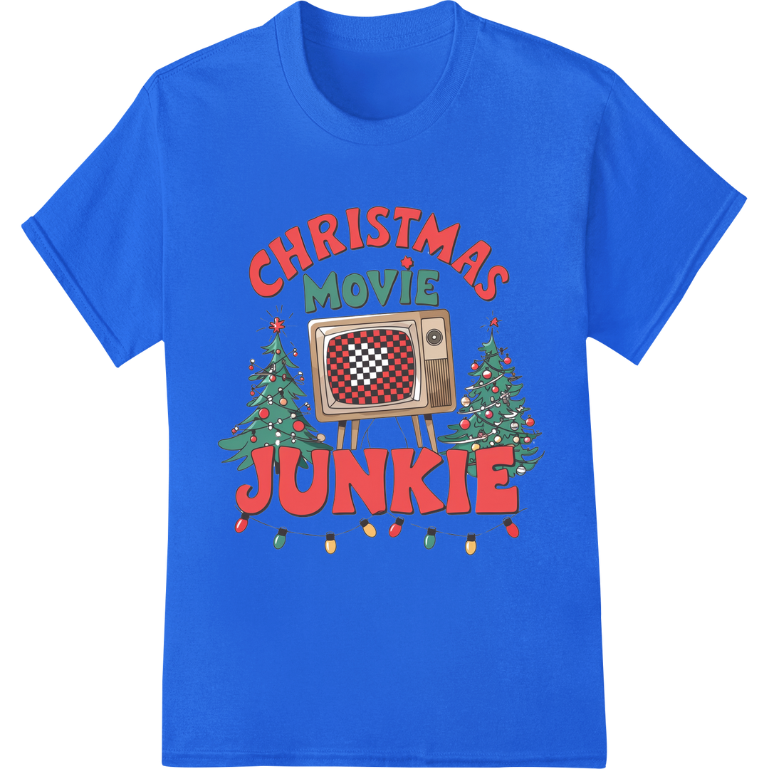 Retro Christmas Movie Junkie DTF Print Heat Transfer on blue shirt - SUPERDTF-DTF Prints-DTF Transfers-Custom DTF Prints