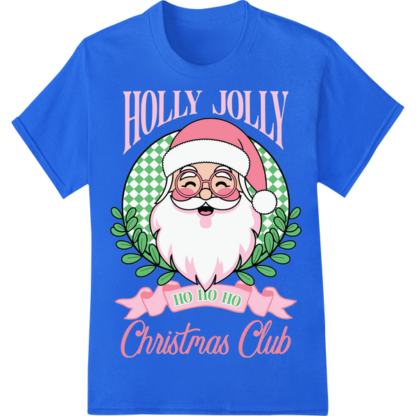 Adorable Pink Santa Christmas DTF Print Heat Transfer on blue shirt - SUPERDTF-DTF Prints-DTF Transfers-Custom DTF Prints