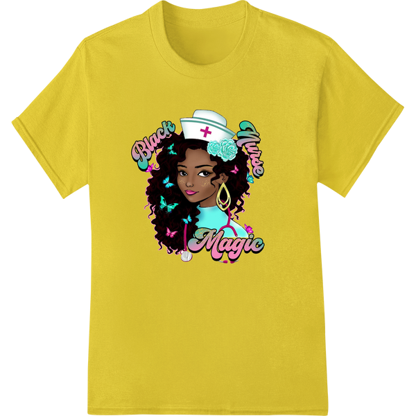 Black Magic: Enchanting African American Nurse Design on yellow shirt - SUPERDTF-DTF Prints-DTF Transfers-Custom DTF Prints