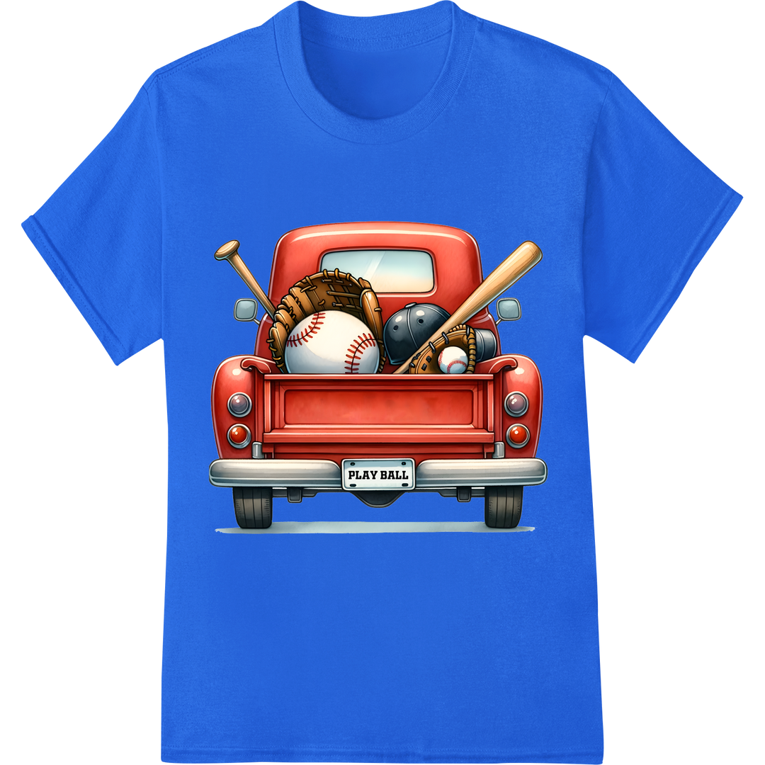 Vintage Baseball Truck 'Play Ball' Retro Sports DTF Print on blue shirt - SUPERDTF-DTF Prints-DTF Transfers-Custom DTF Prints