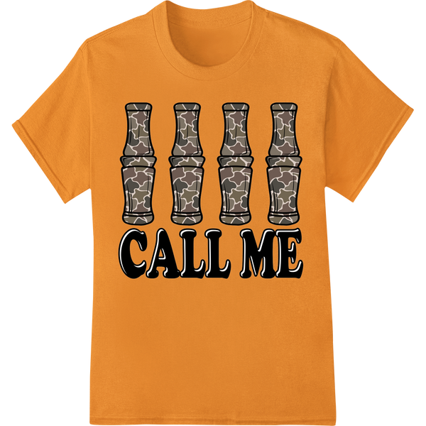 Bold 'CALL ME' Camouflage DTF Print Heat Transfer on orange shirt - SUPERDTF-DTF Prints-DTF Transfers-Custom DTF Prints