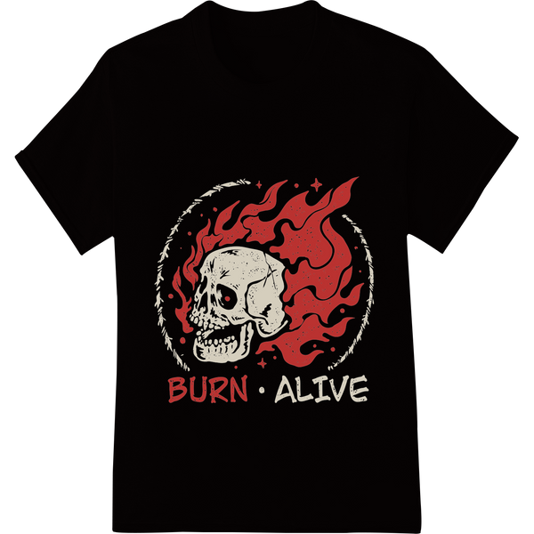 Vibrant heat transfer print on Flaming Skull - Edgy Heat Transfer Print for Rebel Style