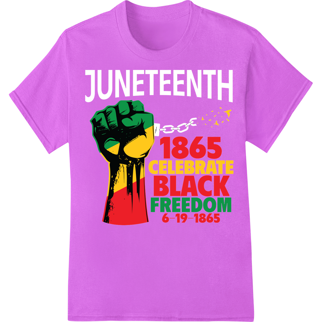 Celebrate Juneteenth 1865 Black Freedom Fist DTF Transfer on purple shirt - SUPERDTF-DTF Prints-DTF Transfers-Custom DTF Prints