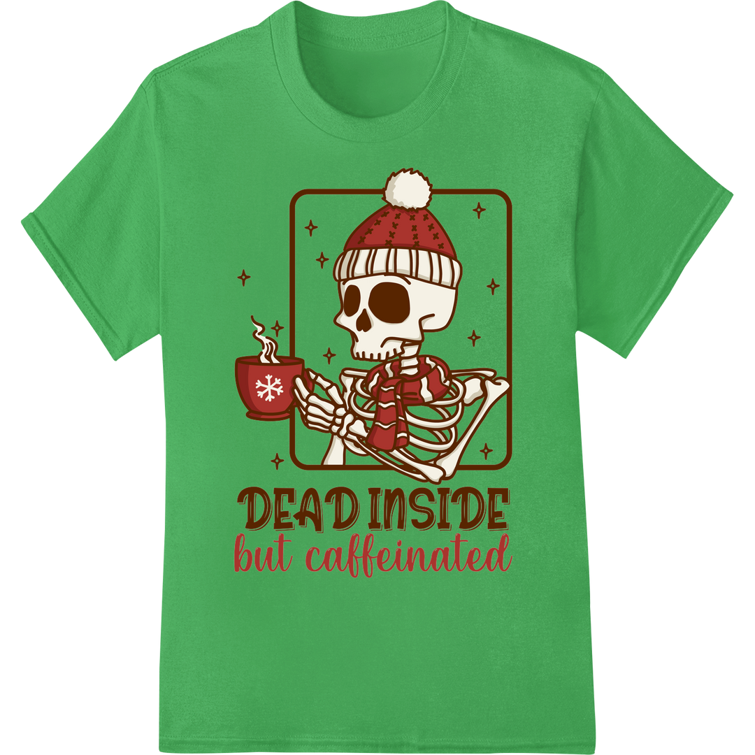 Quirky Christmas Skeleton Coffee DTF Print Heat Transfer on green shirt - SUPERDTF-DTF Prints-DTF Transfers-Custom DTF Prints