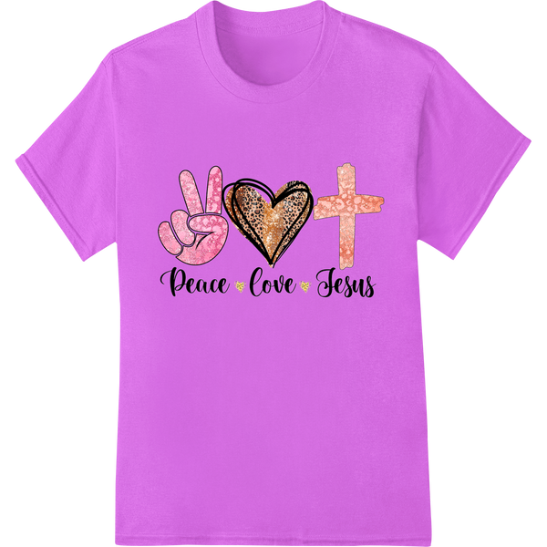 Peace Love Jesus design in green, red and black colors with a heart symbol for custom t-shirt printing using DTF transfers