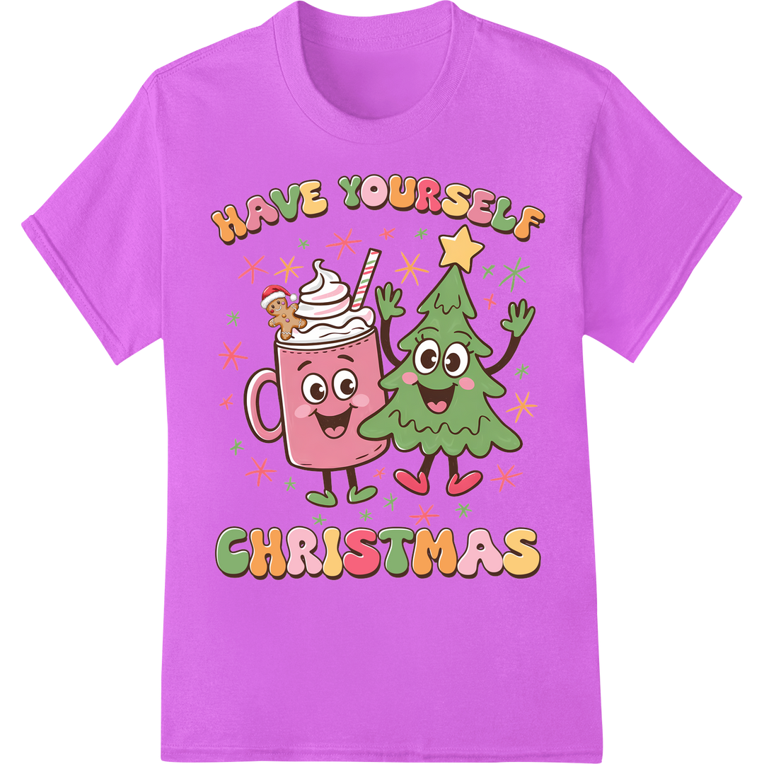 Groovy Christmas Mug & Tree DTF Print Heat Transfer on purple shirt - SUPERDTF-DTF Prints-DTF Transfers-Custom DTF Prints