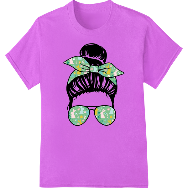 St. Patrick's Day heat transfer design with shamrock sunglasses, messy hair bun, and green text on a white background.