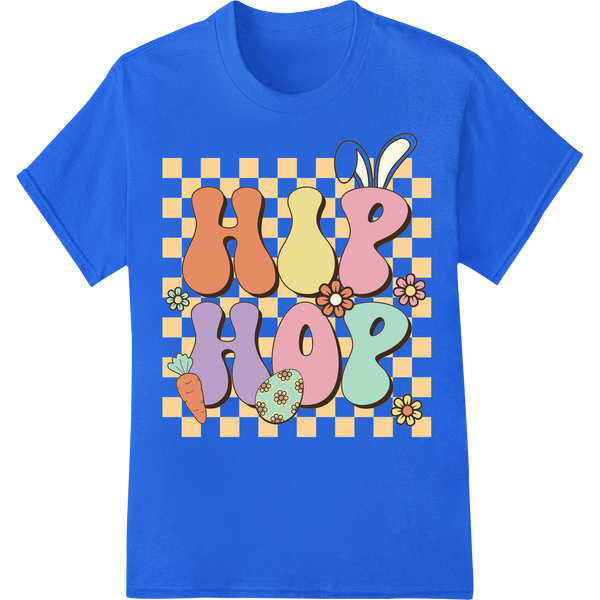 Playful Easter Bunnies: Vibrant DTF Print Heat Transfer on blue shirt - SUPERDTF-DTF Prints-DTF Transfers-Custom DTF Prints