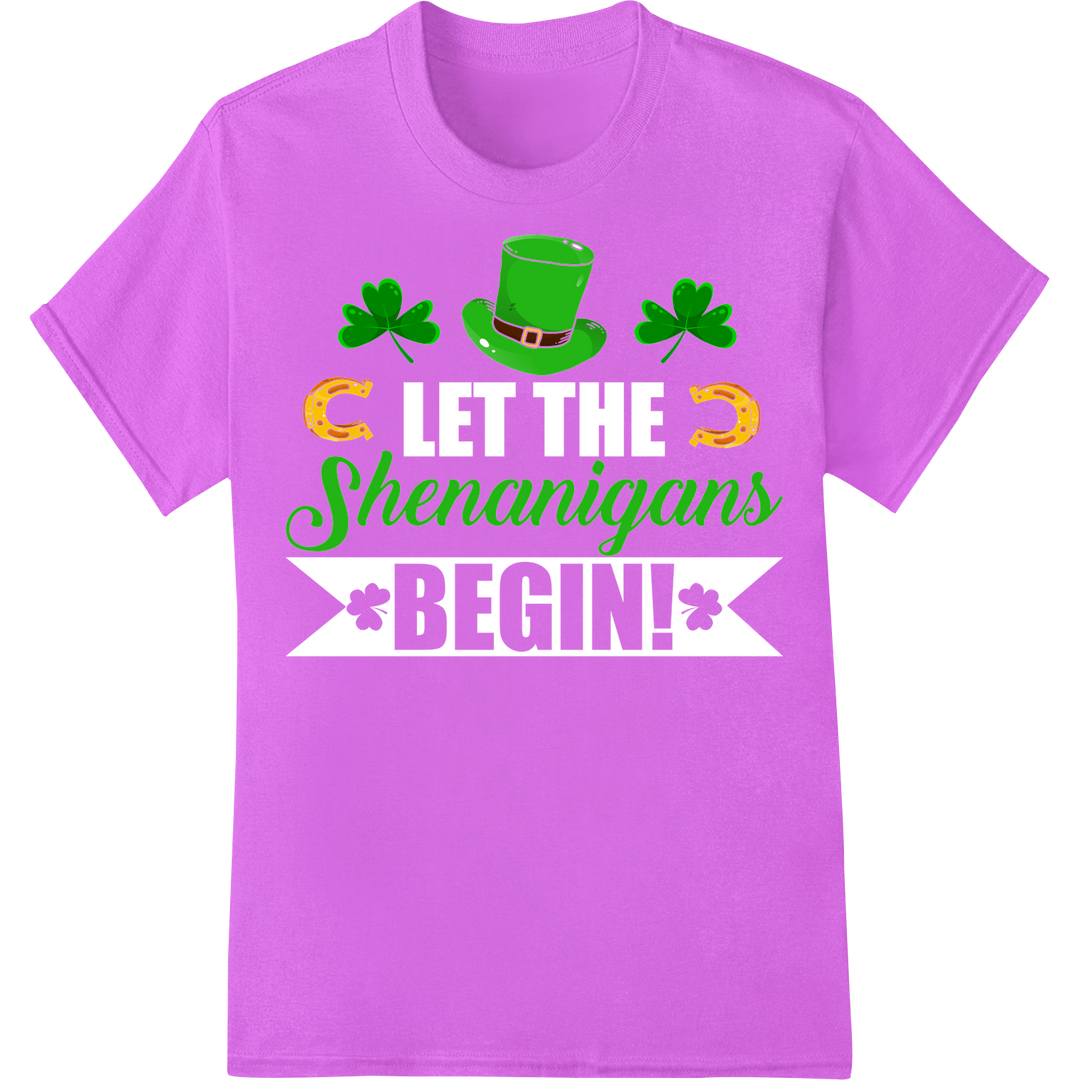 Festive 'Shenanigans' St. Patrick's Day DTF Heat Transfer on purple shirt - SUPERDTF-DTF Prints-DTF Transfers-Custom DTF Prints