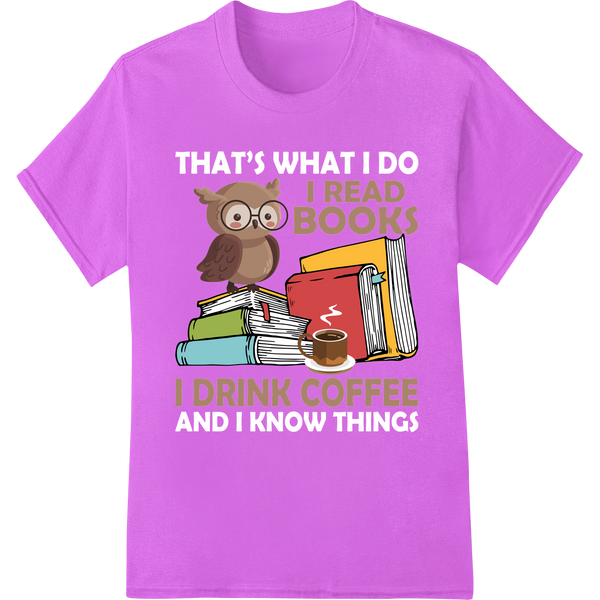 Wise Owl Loves Books & Coffee - Cute Reading DTF Print on purple shirt - SUPERDTF-DTF Prints-DTF Transfers-Custom DTF Prints