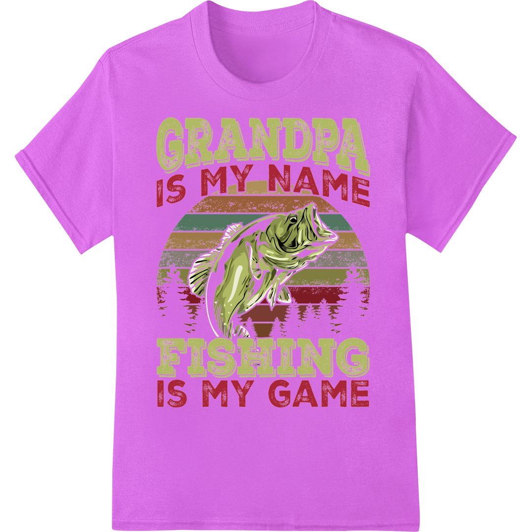 Grandpa's Name is Fishing Game | Bass Fish Grandad DTF Print on purple shirt - SUPERDTF-DTF Prints-DTF Transfers-Custom DTF Prints