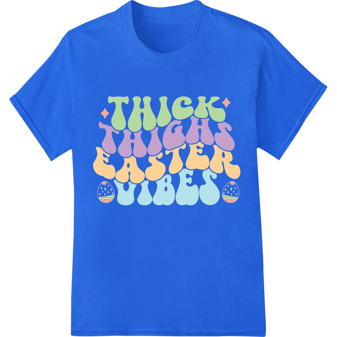 Retro Easter Vibes: Thick Thighs Save Lives Bunny Design on blue shirt - SUPERDTF-DTF Prints-DTF Transfers-Custom DTF Prints