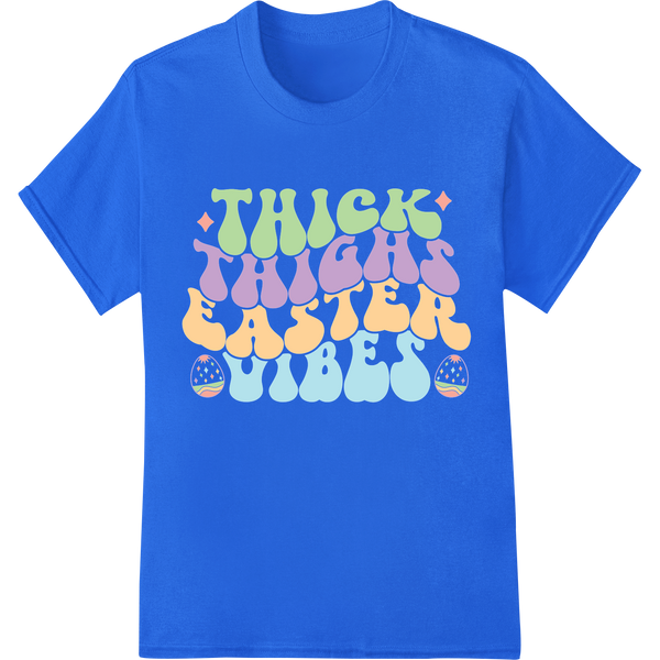 Retro Easter Vibes: Thick Thighs Save Lives Bunny Design on blue shirt - SUPERDTF-DTF Prints-DTF Transfers-Custom DTF Prints