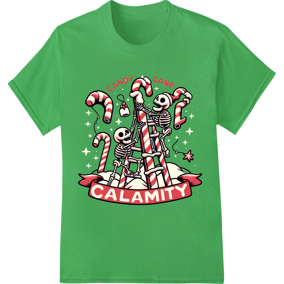 Candy Cane Calamity: Festive Skeletons DTF Print Transfer on green shirt - SUPERDTF-DTF Prints-DTF Transfers-Custom DTF Prints