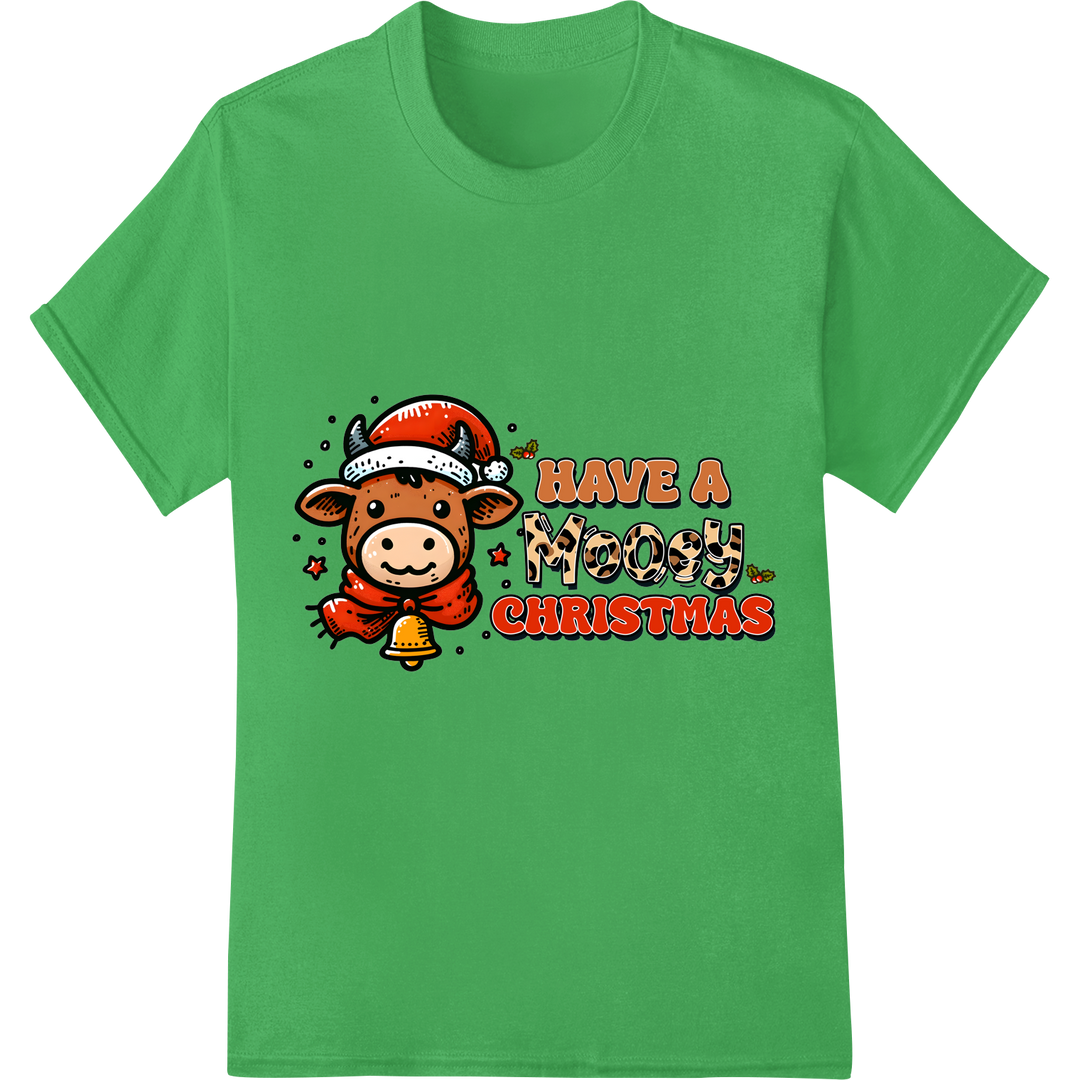 Adorable 'Have a MOOsy Christmas' Cartoon Cow DTF Print on green shirt - SUPERDTF-DTF Prints-DTF Transfers-Custom DTF Prints