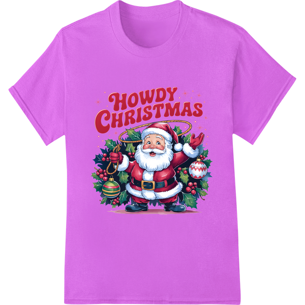 Festive 'Howdy Christmas' Santa DTF Print Heat Transfer on purple shirt - SUPERDTF-DTF Prints-DTF Transfers-Custom DTF Prints